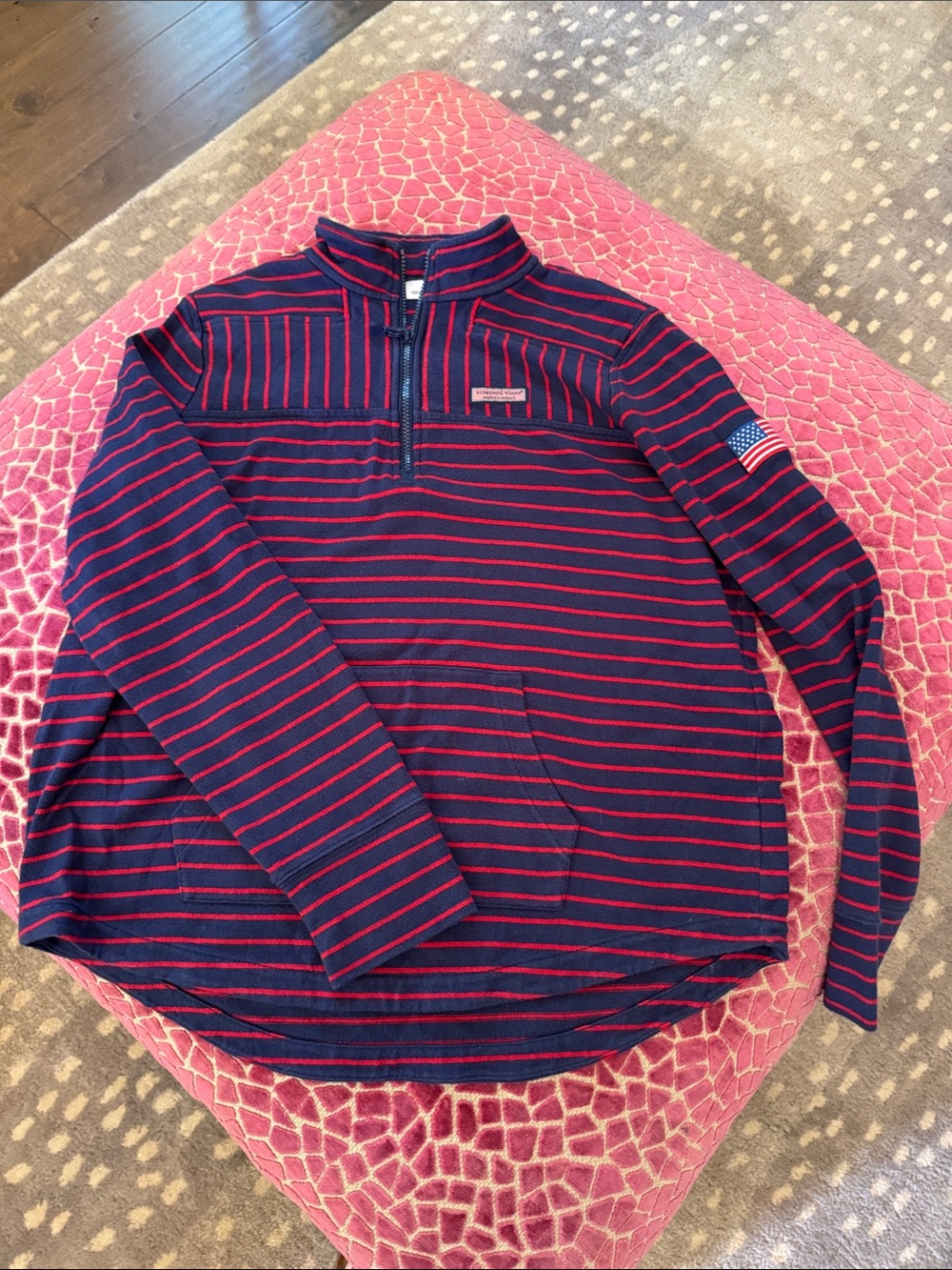 Vineyard Vines Navy and Red Striped Quarter-Zip Pullover L